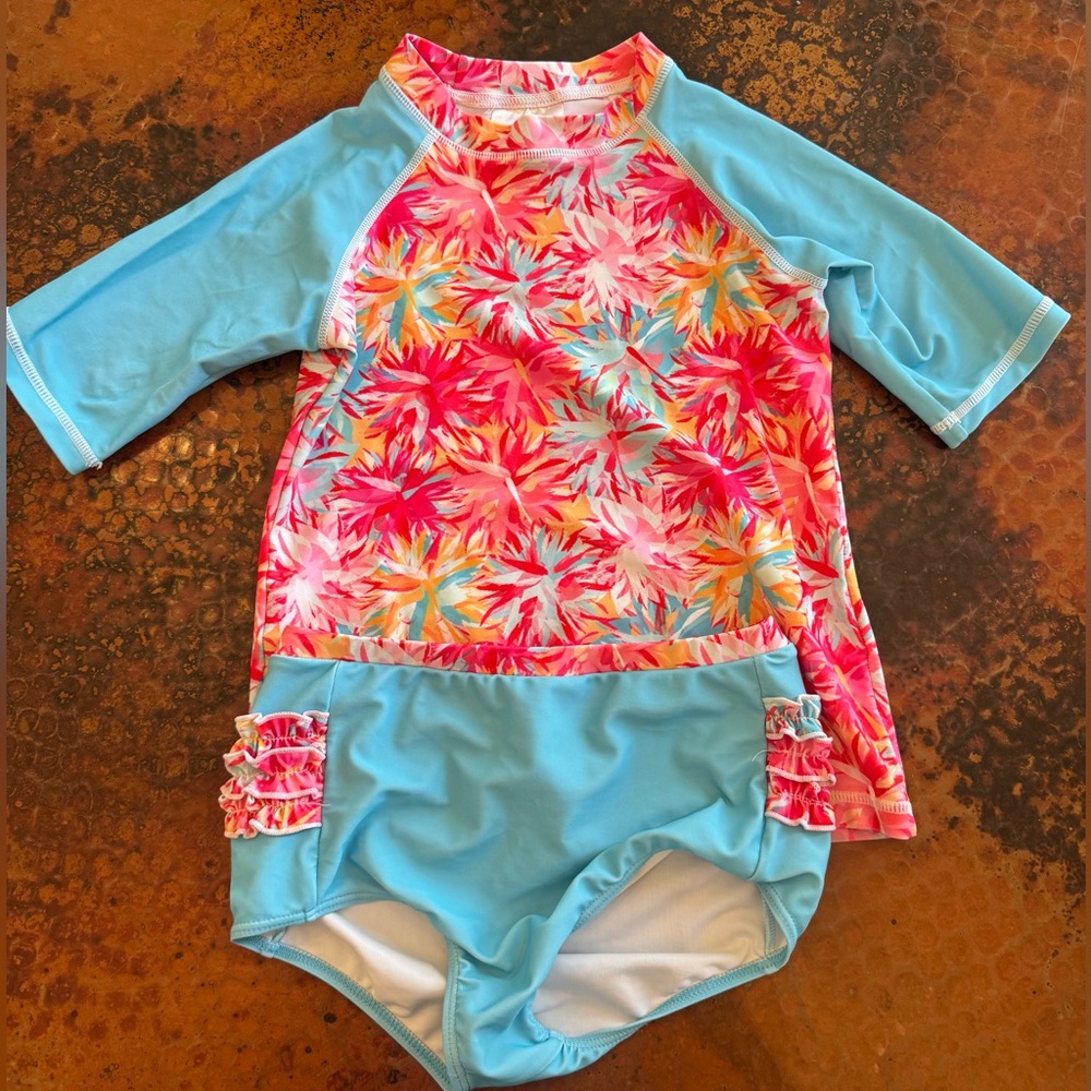 Ruffle Girl Kid Swim Set - Blue and Pink Floral